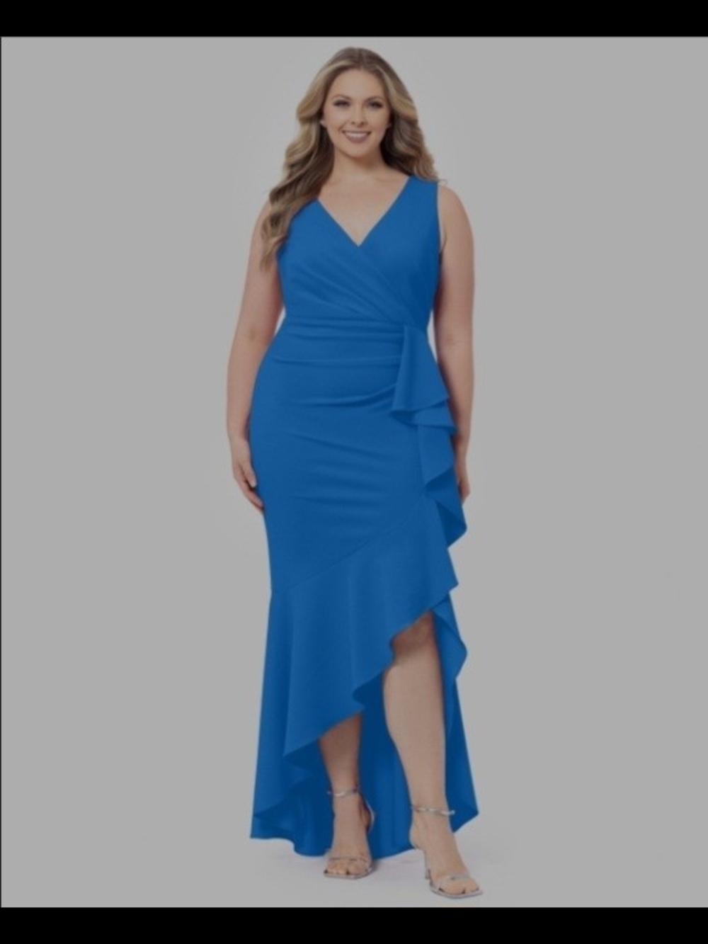 Betsy & Adam Royal Blue V-Neck Ruffle High-Low Gown
